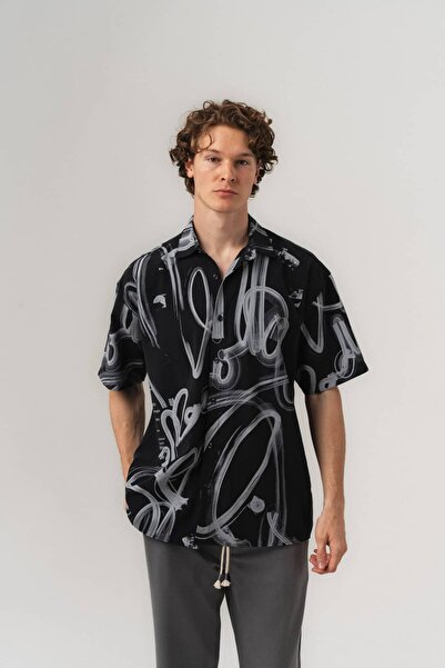 go gang own Abstract Design Detailed Short Sleeve Oversize Shirt