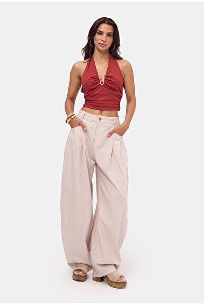 it's basic Women's Beige Loose Fit Organic Linen Fabric Trousers