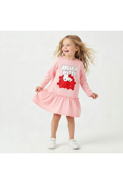 SANRIO Round Neck Long Sleeves Drop Waist Dress with Hello Kitty Print