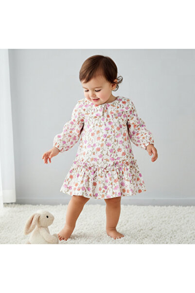 Juniors Collared Long Sleeves A-Line Dress with Floral Print and Ruffled Hem
