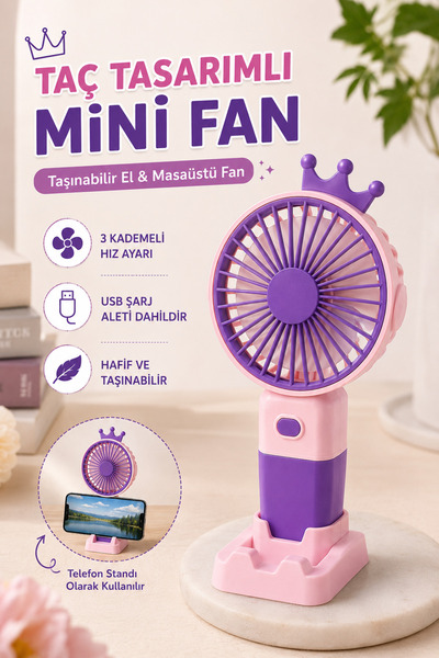 LUMY KIDS Taç Tasarımlı USB Şarjlı Telefon Standlı Mini El Fanı 3 Kademeli Ta...