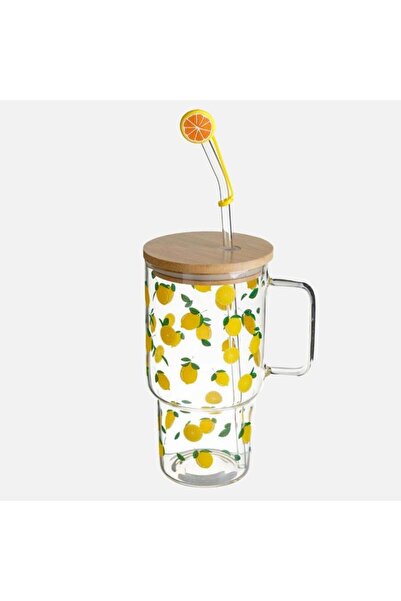 OEM Pahar din Sticlă cu Pai, Model Lămâi, Capac și Volum 950 ml