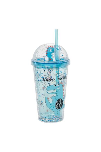 OEM Pahar Dinozaur Bleu Confetti din Plastic cu Capac și Pai, 475 ml