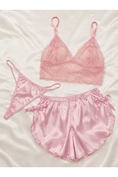 merve ada design Dantel Bralet Saten Şort & Tanga Pijama & 3'lü Pijama Takım