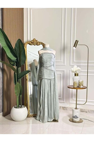 vanus fashion 7287 -Luxury Draping Design Soft Green Color Evening Dress