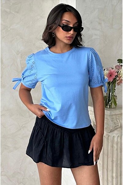 TOPSHOW Fistolu Sleeved Blue Bluz T-Shirt