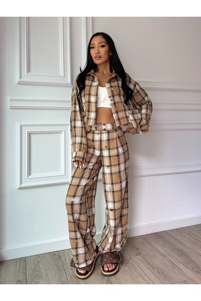 CC STORE Compleu casual CARMEL, cămașă scurtă și pantaloni largi în carouri