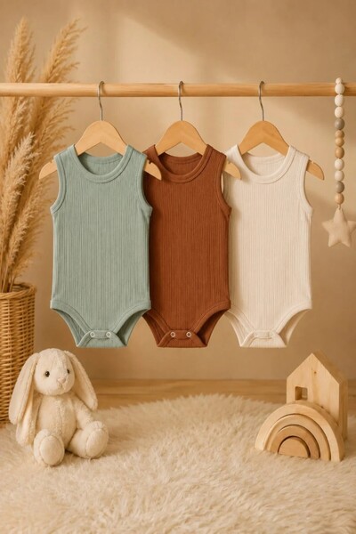 Tuğra Bebe 100% Cotton Natural Ribbed 3-Piece Baby Bodysuit Set with Straps a...