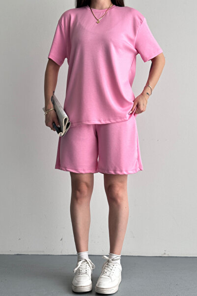 Mogi Butik Women's Modal Fabric Shorts Relaxed Cut Daily Two-Piece Set Pink 3202