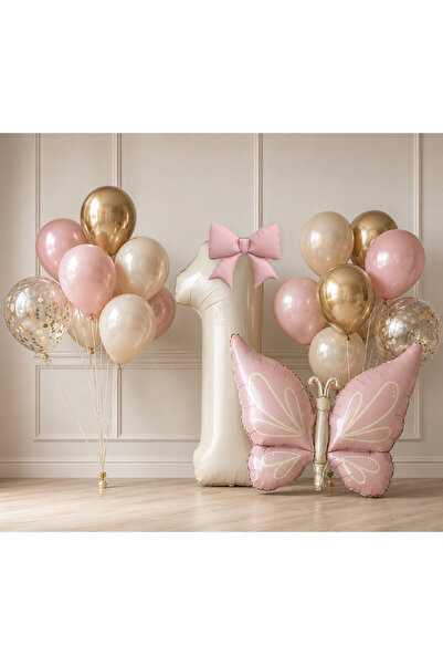 Öztürkpartievi Powder Pink Gold Pastel Colors 1 Year Old Birthday Balloon Set...