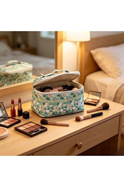 idei Geantă Cosmetică Dreptunghiulară PU cu Imprimeu Flori Mici pe Fundal Ver...