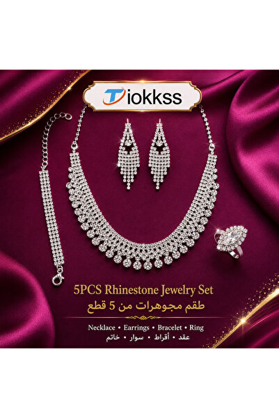 Tiokkss 5pcs/Set Silver Rhinestone Jewelry Set For Women, Middle Eastern Styl...