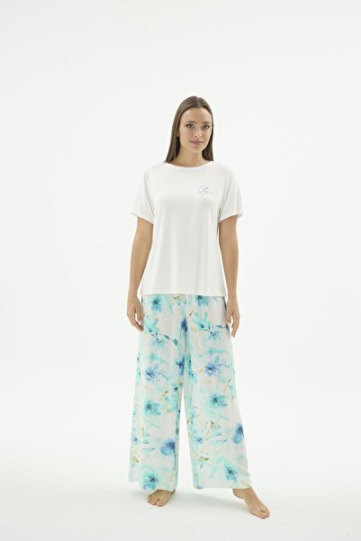 Sevim Women's Short Sleeve Floral Patterned Ecru Pajama Set C1T7N571