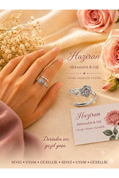 Gümüşistan 925 Ayar Gümüş Haziran Ayı Aleksandrit & Gül Doğum Çiçeği Yüzüğü