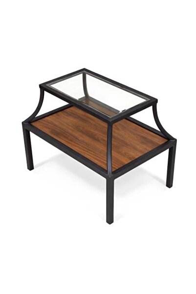 TELAL AL SHIFA Round service table with iron base, brown wood and glass top