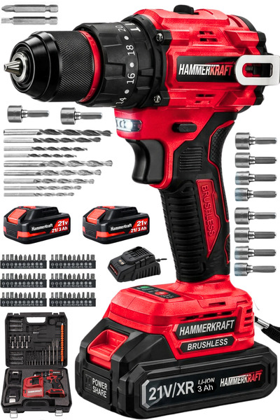 HAMMERKRAFT PREMİUM SERİ BRUSLHES MOTOR ÇELİK GÖVDE 21V 3AH ÇİFT AKÜLÜ 84PARÇ...
