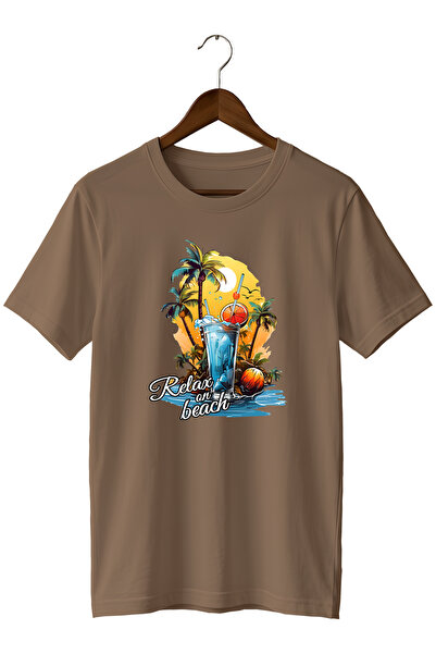 WİDİ Unisex Summer Themed Beach Printed Crew Neck Casual Cotton T-Shirt