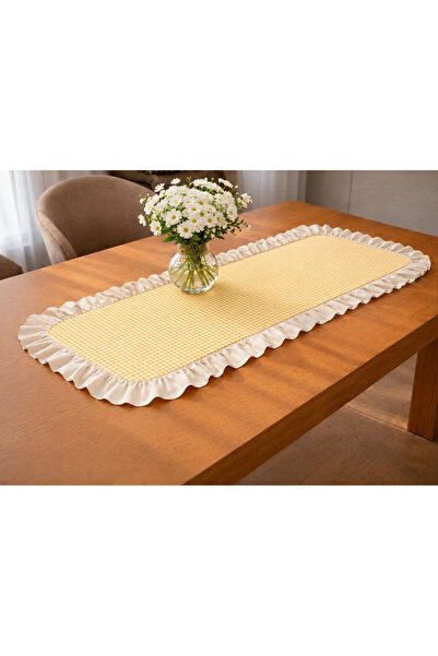 ŞAH TEXTILE DESIGN Ham keten fırfırlı mini pötikareli vintage runner 40x110