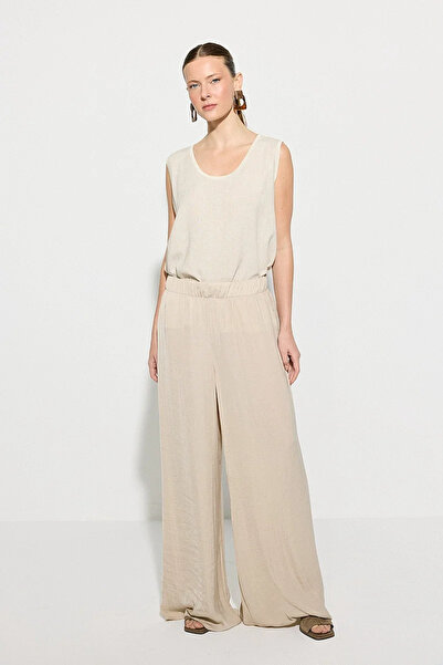 Gusto Elastic Waist Cupra Satin Wide Leg Trousers - Stone