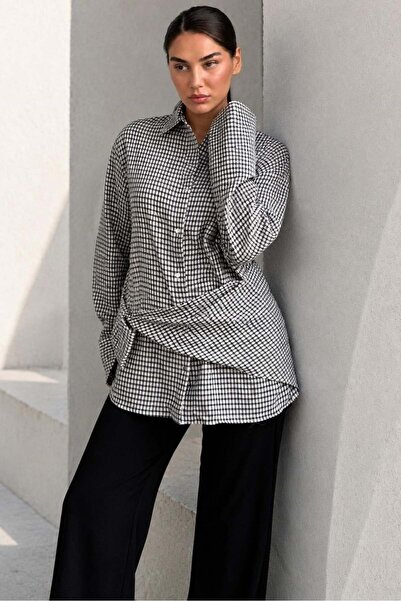Madmext Black Scarf Detailed Square Patterned Women's Shirt Mg2783