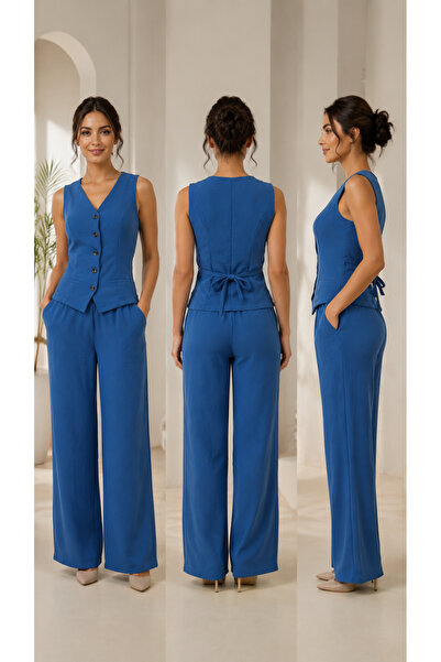 Kokosh moda Women's V-Neck Buttoned Front Vest Blouse and Trousers Linen Two-...