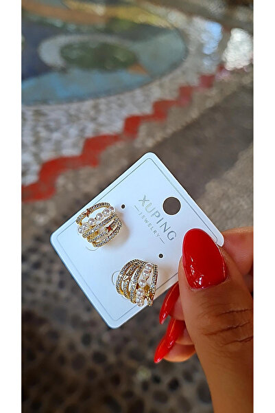 XUPING JEWELRY 14K Altın Rengi İnci ve Yıldız Detaylı Çoklu Halka Küpe