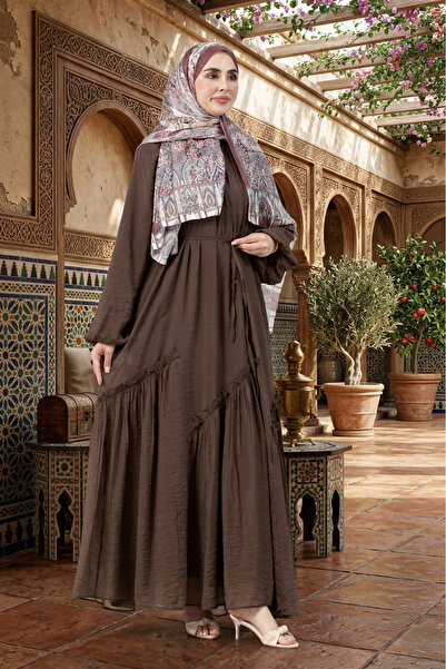 Sevitli Mira Hijab Dress with Gathered Skirt Detail - Brown