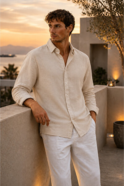 oneoff Breathable Half Oversize Muslin Fabric Long Sleeve Collared Men's Shirt