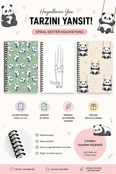 zumio A5 3'Lü Spiral Defter | Kedi ve Panda Temalı | Çizgisiz Not Defteri | 3...