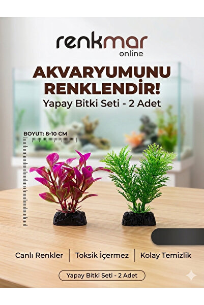 renkmar Akvaryum Yapay Bitki Seti 2 Adet Canlı Renkli Toksik İçermez Dekorati...