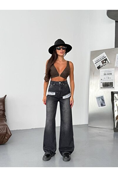 HerTon Women's High Waist Asymmetrical Pocket Detailed Cotton Jean Trousers