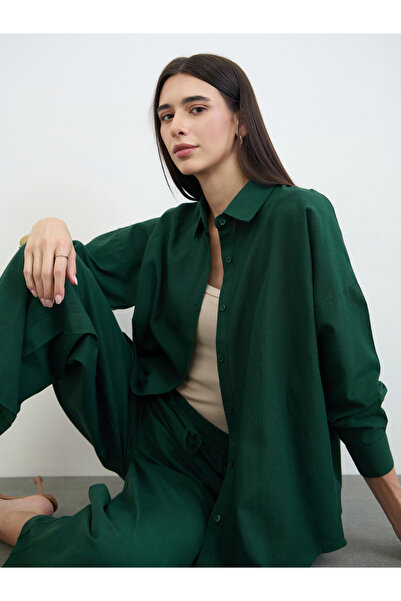 Styli Dark Green Oversized Cotton Linen Shirt and Pants Co-ord Set