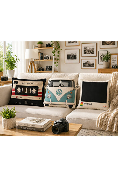 Piloji Retro Dekoratif Yastık 3'lü Set – Polaroid, Kaset ve Vintage Minibüs N...