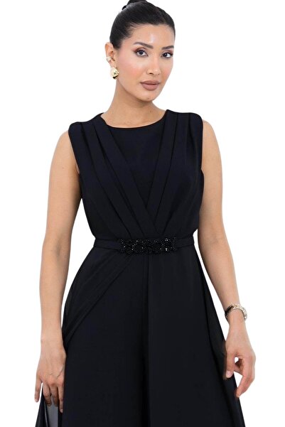 Moda Amore Stylish Black V-Neck Chiffon Jumpsuit Evening Dress 38-46 Size 56005