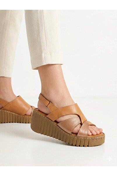 Lütfi Women's Tan Inner and Outer Genuine Leather Orthopedic Soft Sole Wedge ...