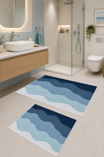 Aybek Home Dalga Desenli Mavi 2'li Banyo Paspası Takımı Kaymaz Taban Dijital ...