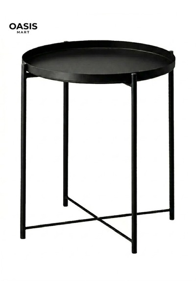 OASIS MART Round Coffee Serving Tray Table, Black Metal Side Table for Living...
