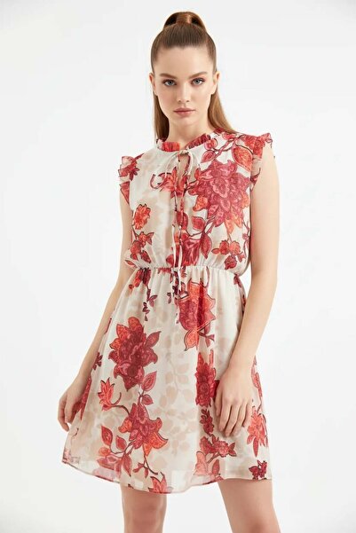 ALFA AKSESUAR 03 Women's Ruffled Collar, Gathered Waist, Flounced Hem, Floral...