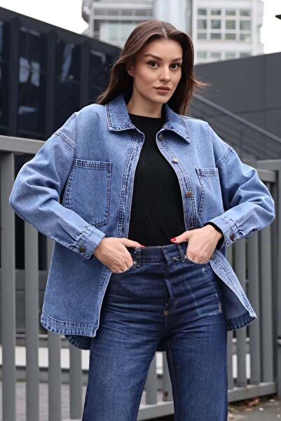 ALFA AKSESUAR 03 Women's Shirt Collar Double Pockets Oversize Cotton Dark Blu...
