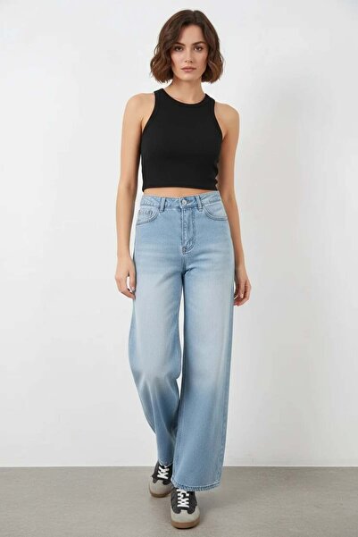ALFA AKSESUAR 03 Women's High Waist Denim Wide Leg Light Blue Palazzo Trousers