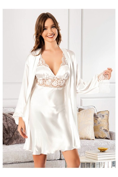 ROZELT Ecru Satin Nightgown with Straps and Lace Detailing