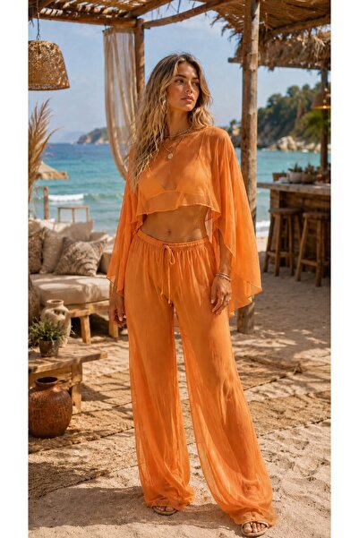 BALIENTE Orange Lux Chiffon Fabric Blouse and Pants Beach Wear 2-Piece Set L/Xl