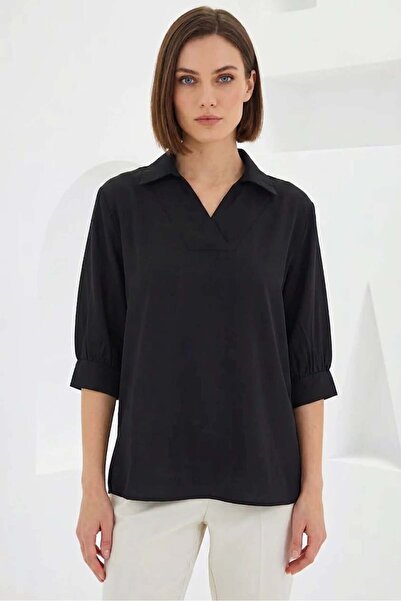 ALFA AKSESUAR 03 Women's Shirt Collar Short Sleeve Satin Black Blouse