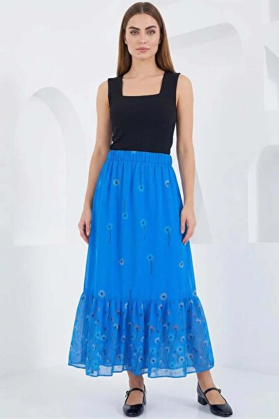 Generic Brand Women's Flounced Floral Patterned Chiffon Saks Skirt