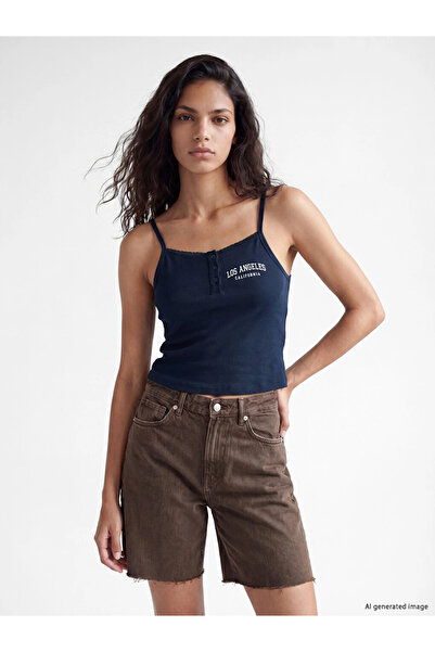 LC Waikiki Navy Blue Los Angeles Printed Rope Strap Women's Ribbed Crop Top