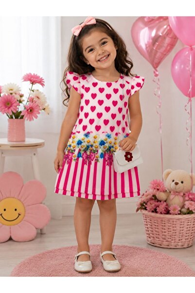 Kuzucuk Kids Bebek Çocuk Butik Kız Çocuk Kalp Desenli Çiçek Baskılı Fırfır Ko...