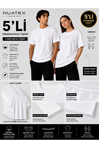 NUATEX Pachet de 5 tricouri unisex, negru și alb, Basic RegularFit, cu gât ro...