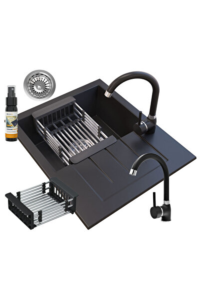 Granitan Set Chiuveta Granit Milano, Negru, Baterie Beta, Sifon, Scurgator, G...