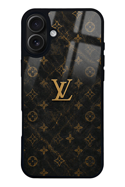 Spoyi iPhone 16 Plus Black Mermer Gold LV Tasarımlı Glossy Telefon Kılıfı