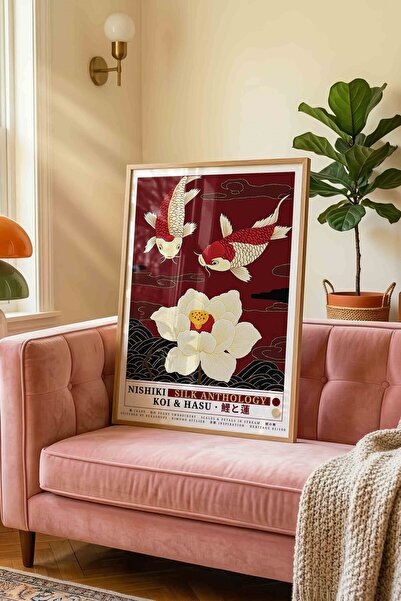 Buka Shops Koi Fish Lotus Flower Painting Red – Nishiki Embroidery Art Poster...